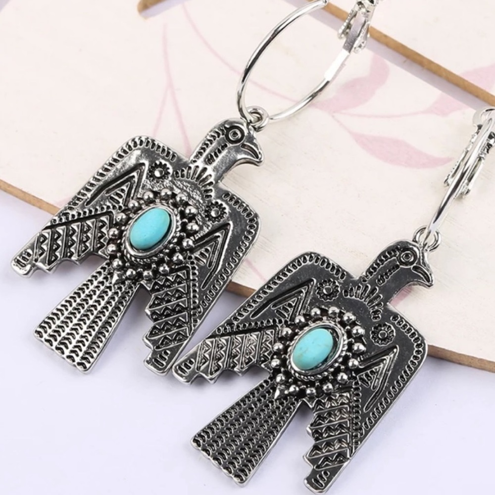 Boho Silver Jade Eagle Hoop Dangle Fashion Earrings Native Tribal Western NWT